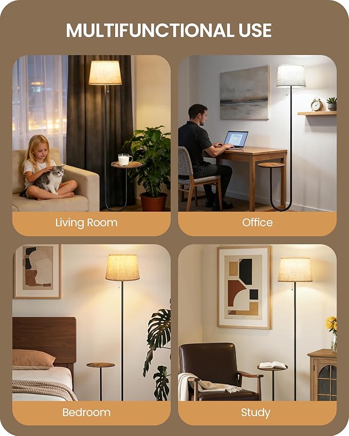 Floor Lamp with Side Table, Standing Lamp for Living Room with Tray, Pull-Chain Switch, for Living Room, Bedroom, 3 Color Temperatures, 9W LED Bulb Included, Rustic Brown and Beige FE21LD05