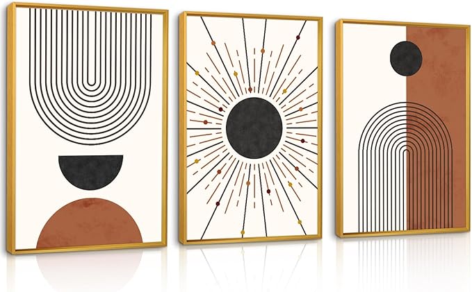 Minimalist Boho Framed Canvas Wall Art Set, Neutral Geometric Line Sun Wall Decor, Mid Century Wall Painting, Abstract Modern Bohemian Art Print for Living Room, Bedroom, Office -24"x36"x3