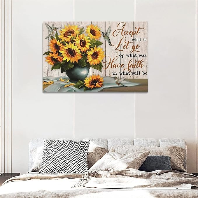 yerretin Farmhouse Sunflower Wall Art Sunflower Pictures Wall Decor Rustic Canvas Painting Modern Artwork Home Decorations for Bathroom Dining Room Kitchen Bedroom Office Framed 24"x16"