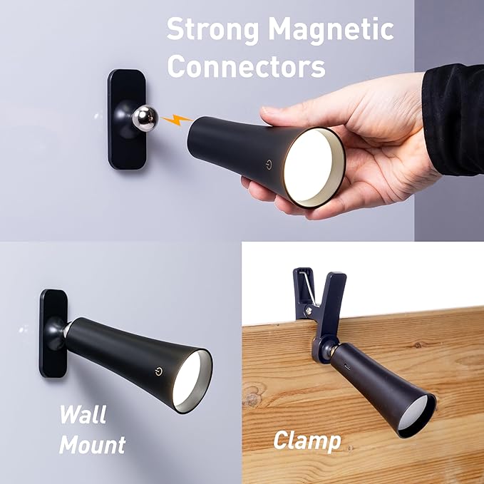 Flute Lamp - 4-in-1 Rechargeable LED Desk, Wall, Clamp Lamp & Flashlight with Magnetic Base, 4-Level Brightness, 270° Flexible Arm, USB-C Charging, Ideal for Home Office & Bedside - Black