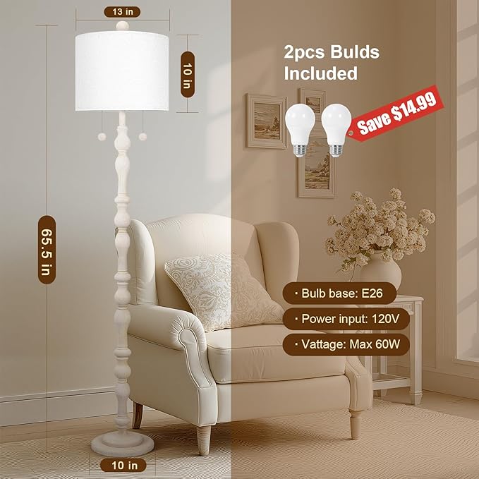 Scenekoy 65.5” Natural Real Wood Floor Lamp for Living Room Bedroom, Dual S Cluster Socket, Pull Chains Switch, Farmhouse Tall Standing Lamp with Linen Shade for Home Room Decor (Bulbs Included)