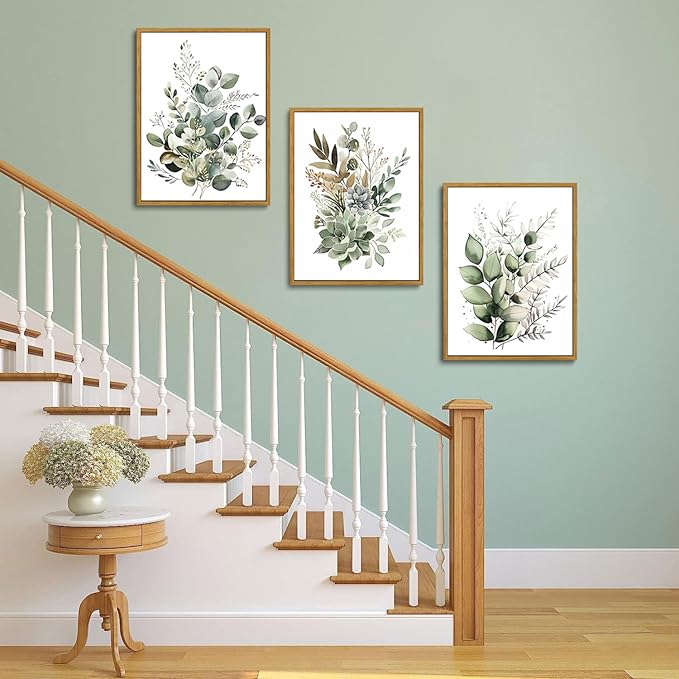 Bwodke Botanical Wall Art Plant Floral Watercolor Poster Canvas Prints Set of 3 Framed Sage Green Painting Eucalyptus Leaf Picture Modern Minimalist Home Decor Bedroom Bathroom Living Room 12"x16"
