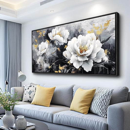 PHAOHUAXM Large Framed Canvas Wall Decor For Living Room Wall Art For Bedroom Modern Abstract Painting Ink-Wash White Flowers With Black Frames Dining Room Home Decor Print Artwork Posters 30"X60"