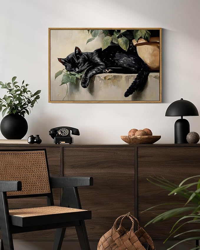 ARPEOTCY Vintage Framed Canvas Wall Art, Sleeping Black Cat Large Framed Wall Art for Living Room Bedroom, Vintage Rustic Animal Poster Prints for Bathroom Decor Aesthetic, 16x24 Inch