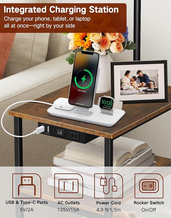 Floor Lamp with Table & Remote, Side End Table with Charging Station, Dimmable Nightstand with 3 Color Temperatures, 1-Hour Timer, 12W LED Bulb, for Living Room, Bedroom