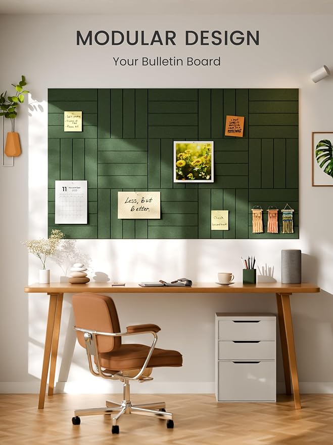 Bumusty Large Cork Board Alternative-48 x 36" Felt Bulletin Board Tiles, with 30 Pushpins, 70 Adhesive Tabs, 12-Pack Slat Wall Paneling, Cork Boards for Office Push Pin Board Felt Board-Moss Green