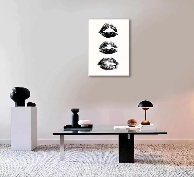 Vintage Black and White Kiss Lips Wall Art Girly Kiss Lips Prints Woman Makeup Room Posters Trendy Print Poster Funky Make Up Pictures Makeup Preppy Girly Dorm Room Canvas Decor Preppy Wall Decor