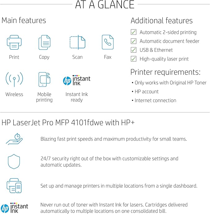HP LaserJet Pro MFP 4101fdwe Wireless Black & White Printer with HP+ Smart Office Features and Fax (Renewed)