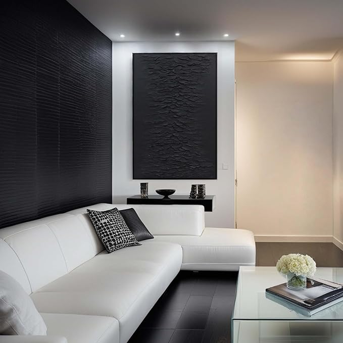 Zessonic Hand-Painted Thick Textured 3D Abstract Wall Art Large Black Texture Minimalist Wall Art - 3D Contemporary Dimensional Home Office Living Room Modern Wall Decor Framed - 24"x36"