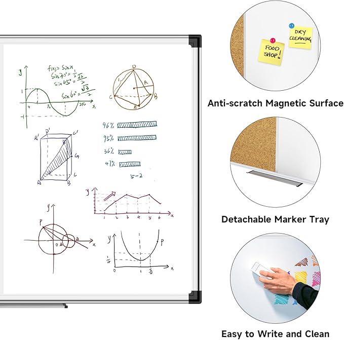 XBoard Large Magnetic White Board and Bulletin Corkboard Combination, 48 x 36 Inch Half Dry Erase & Cork Combo Board for wall with Aluminum Frame, 4' x 3' Notice Memo Board Pin Board Vision Board