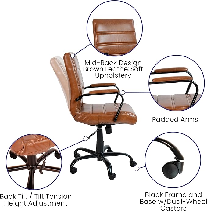 Flash Furniture Whitney Mid-Back Desk Chair - Brown LeatherSoft Executive Swivel Office Chair with Black Frame - Swivel Arm Chair