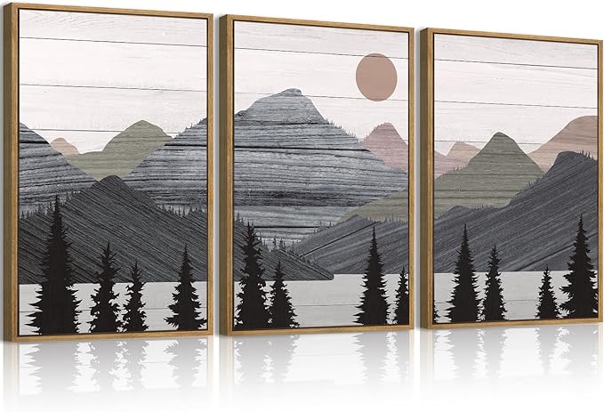 ANHUIB Mountain Framed Wall Art 16x24 Inch Large Nature Wilderness Art Print Abstract Landscape Painting Set of 3 for Living Room Bedroom Office