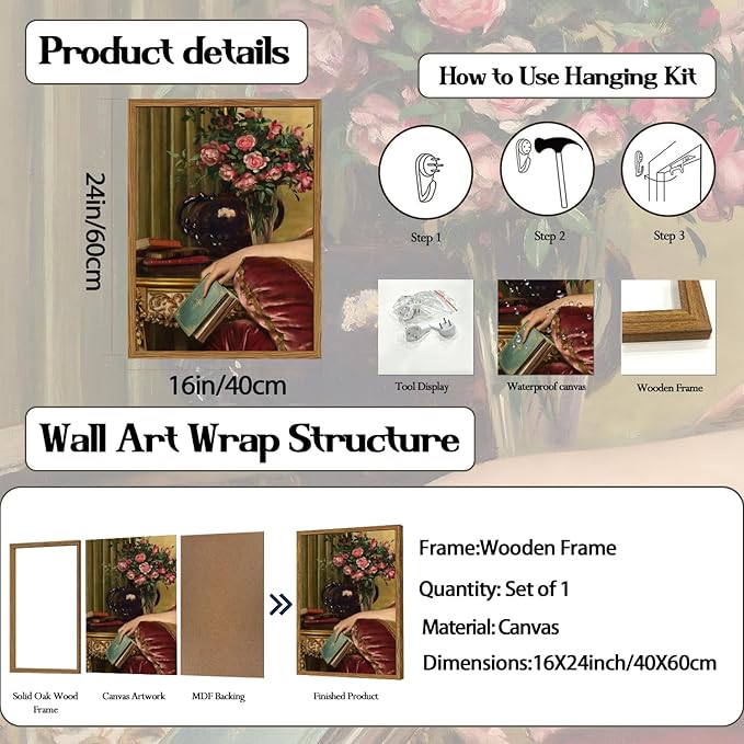 Framed Vintage Wall Art, Moody Victorian Wall Decor Paintings, Mid Century Modern Antique Book Woman Still Life Canvas Prints Pictures Home Decor Aesthetic for Living Room Bedroom Bathroom 16x24 inch