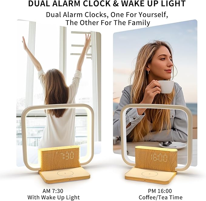 Sunrise Alarm Clock with Wireless Charging Desk Touch Lamp 3 Level Dimmable Wake-up Light Bedside Lamps for Bedroom Living Room,Sunrise Lamp with 10 Natural White Noise Sound 30/60/90 Mins countdown