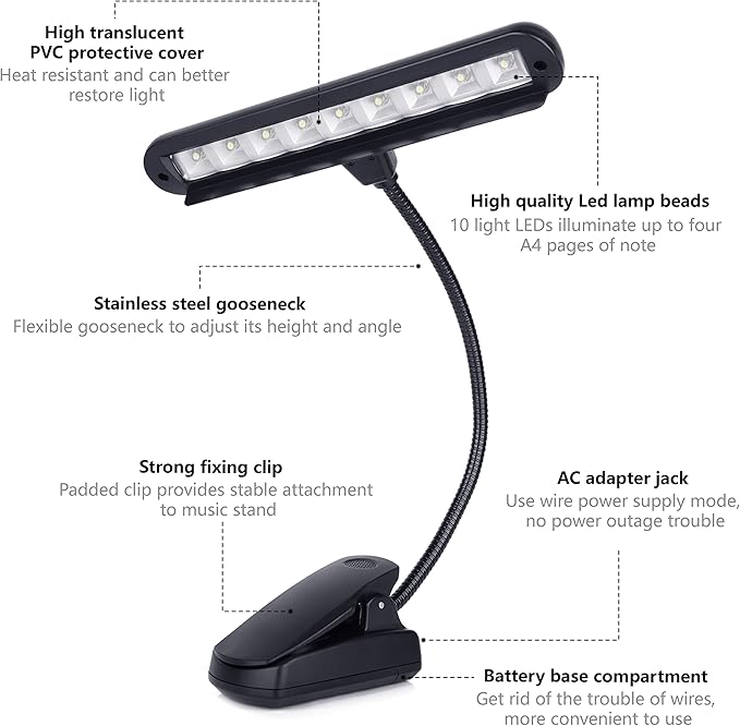 Music Stand Light,Clip On Piano Lights 9 LED Orchestra Light Book Lamp Musician Lamp,Fully Adjustable No Flicker for Piano, Orchestra,Book Reading, Mixing Table, DJ, Craft Work