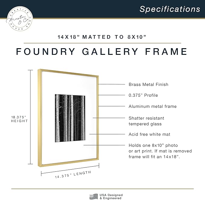 MCS Master & Co. Foundry Metal 14x18 Matted Picture Frame with 8x10 Photo Display, Brass Vertical & Horizontal Wall Hanging Frame for Photos & Artwork (1-Pack)