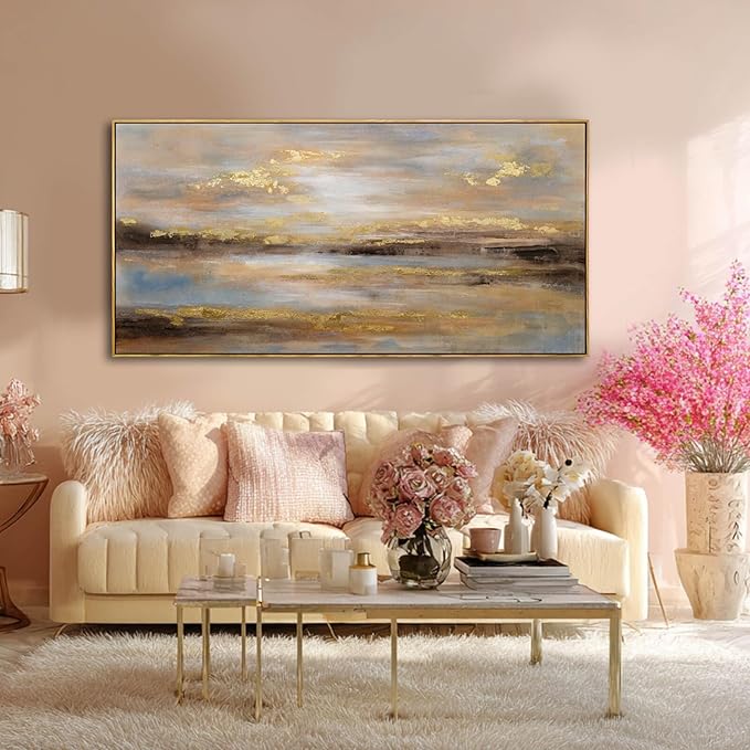Gold Abstract Wall Art Decor Neutral Canvas Pictures Wooden Framed Wall Decor Colorful Art Prints for Living Room Dining Room Bedroom 24x48 Inch