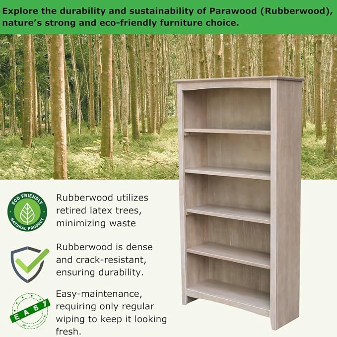 Shaker Solid Wood Bookcase, 60" High, Washed Gray Taupe