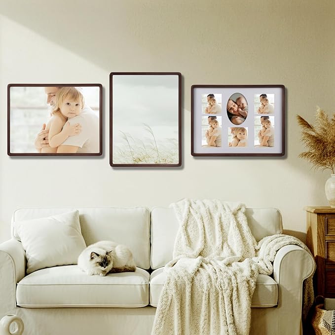 12x16 Collage Picture Frame Walnut Wood, Multiple 6 Photos or 12x16 without Mat, Rustic Photo Frame with Tempered Glass Hanging Displaying Horizontally or Vertically