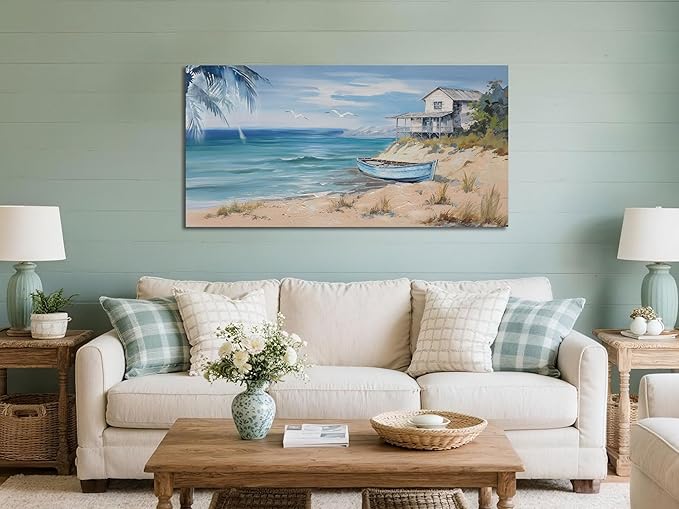 Arjun Blue Coastal Wall Art for Living Room Seascape Beach Painting Bedroom Wall Decor Ocean Picture Large Artwork Home Office Wall Decor, 40"x20"