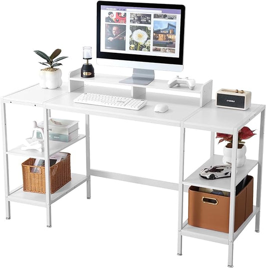 Computer Desk 55-inch with Storage Shelf - White Ideal Gaming Desk for Bedrooms, Small Spaces, and Home Offices Modern Writing Desk for PCs.
