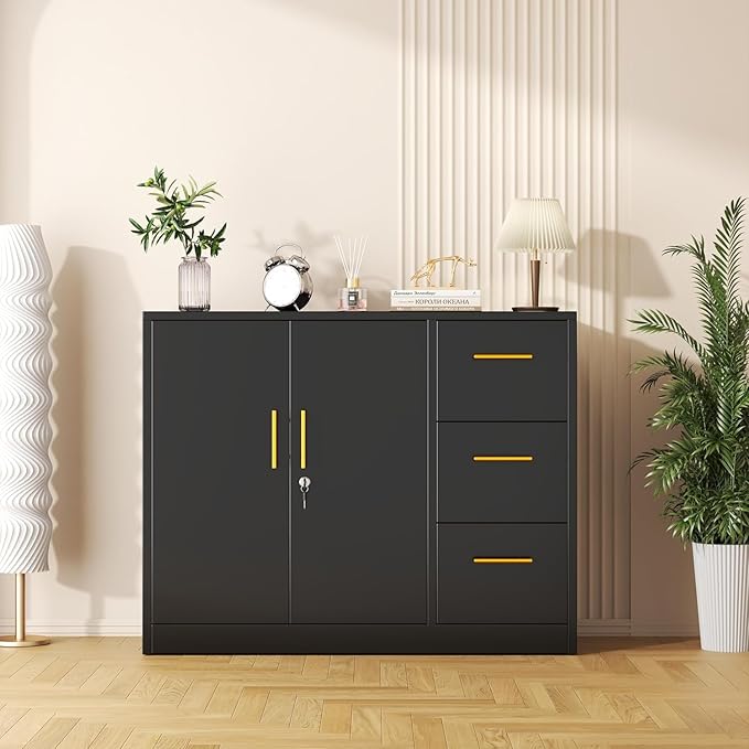 Lateral File Cabinet with 3 Drawers, Metal Storage Cabinet with Lock, Black Sideboard Buffet, Multi-Functional Accent Cabinets for Home Office Living Room Entryway