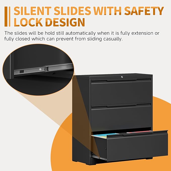 3-Drawer Metal File Cabinet with Lock,Steel Printer Stand with Storage for Home Office,Lateral Filing Cabinet for Legal/Letter/A4 Files,Assembly Required(35.43''W-3 Drawers,Black)