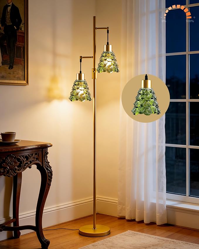 Lightdot 65IN Glass Floor Lamp for Living Room, 2- Light Gold Floor Lamps with Green Glass Shade& 3000K Warm White Bulbs, Modern Standing Tall Lamp for Bedroom/Corner Beside/Home Decor