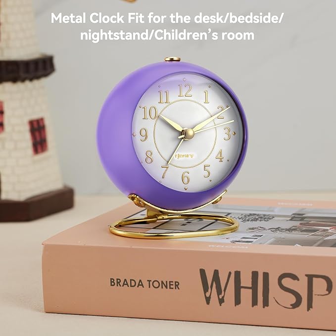 Metal Desk Alarm Clock, Retro Bedroom Table Vintage Analog Silent Non-Ticking Gold Alarm Clock, Bedside Decor(Violet Purple)