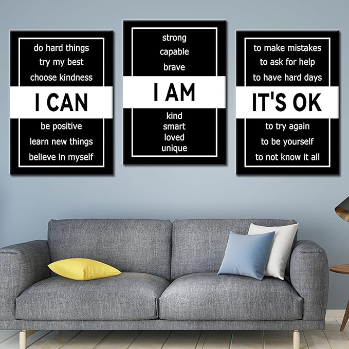 3 Panel Inspirational Canvas Wall Art Print I Can I Am It's OK Motivational Quotes Office Decor Poster Painting Inspiring Artwork for Home Living Room School Hallway Ready to Hang [60''Wx 28''H]