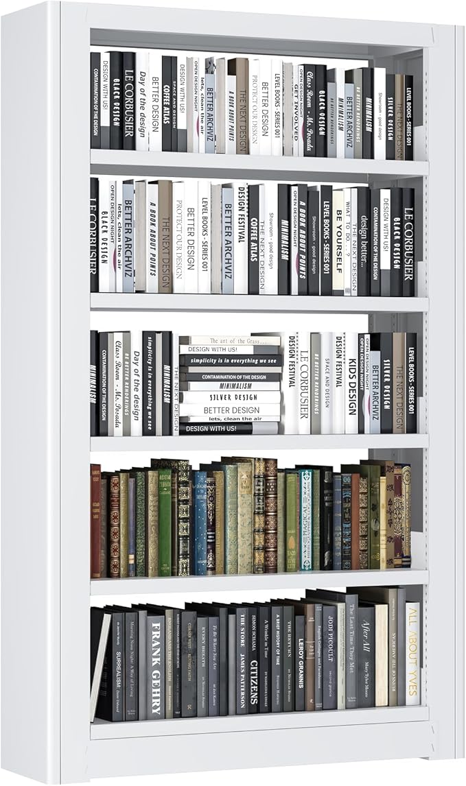 5-Tier Bookshelf, White Bookshelf with Adjustable Storage Shelves, Metal Bookshelf, 69" Tall Bookcase for Living Room, Library, Office, Bedroom, Including Book Stopper，36" Wide Bookshelves