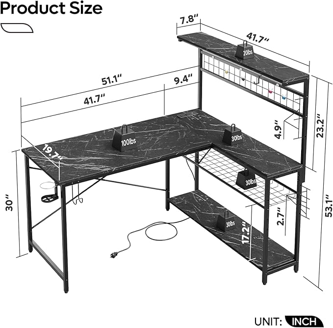 Bestier Gaming Desk 51" L-Shaped, with Power Outlets & LED Lights- 4 Tier Shelves, Reversible Gamer Table with Hooks & Cup Holder for Home Office Black Marble
