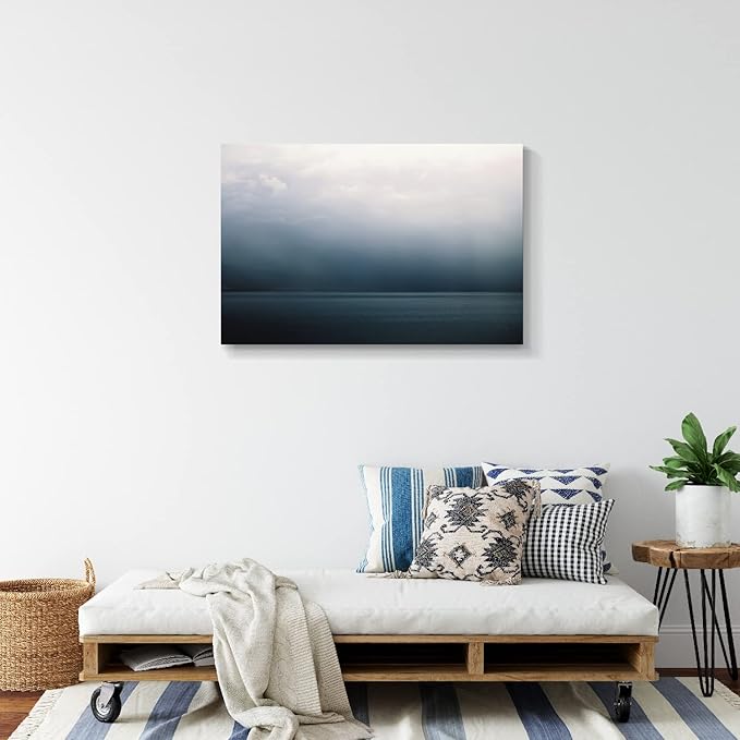 Large Canvas Wall Art Modern Abstract Art Paintings Green Mountains Blue Sea Under the Grey Sky Scenery Framed Artwork Pictures for Living Room Bedroom Hallway Wall Decor 36x24in