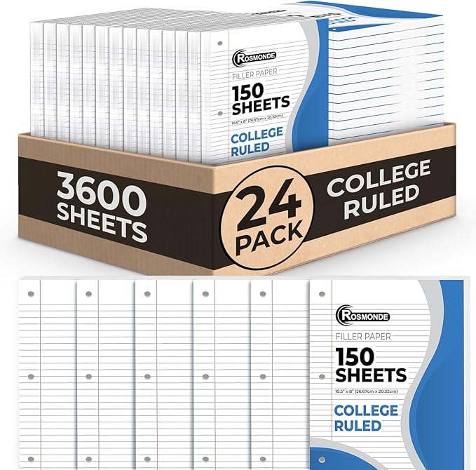 Rosmonde Loose Leaf Paper Bulk, 3600 Sheets, 24 Pack, College Ruled, 8 x 10.5", 150 Sheets/Pack, 3 Hole Punch, Bulk Notebook Paper, Filler Sheets, Fits Standard Binders, Fights Ink Bleed, White