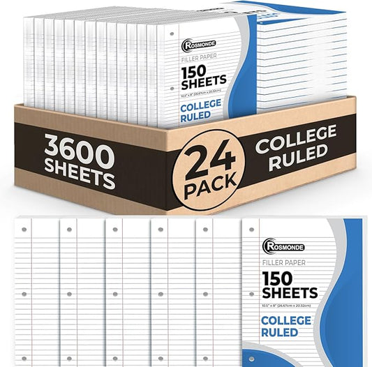 Rosmonde Loose Leaf Paper Bulk, 3600 Sheets, 24 Pack, College Ruled, 8 x 10.5", 150 Sheets/Pack, 3 Hole Punch, Bulk Notebook Paper, Filler Sheets, Fits Standard Binders, Fights Ink Bleed, White