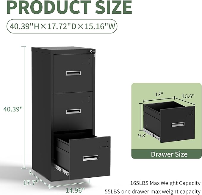 3 Drawer File Cabinet with Lock, Metal Filing Cabinet for Home Office, Vertical File Cabinet for Letter/Legal/A4/F4 Documents, Easy to Assemble Steel Storage Cabinet