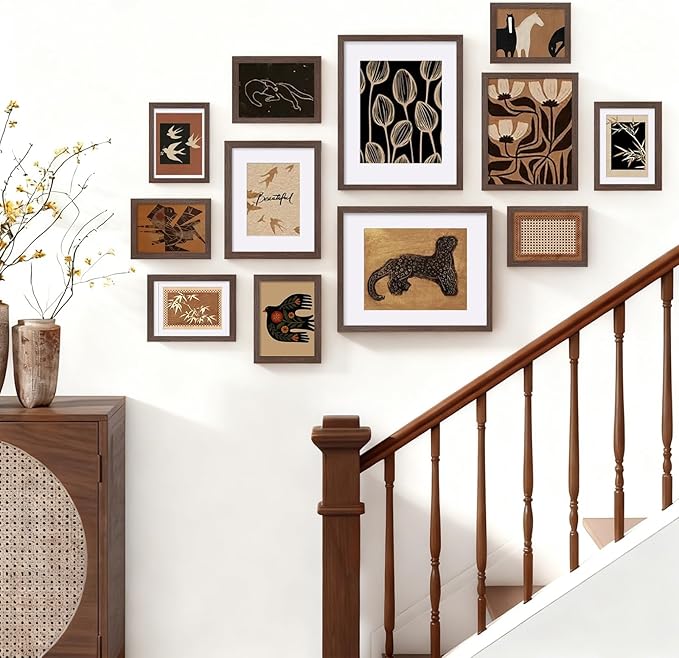 Egofine Picture Frame Set 12 Pack, Picture Frames Collage Wall Decor with Two 11x14, Two 8x10, Four 5x7, Four 4x6 for Wall and Tabletop, Made of Solid Wood, Covered by Plexiglass, Rustic Brown