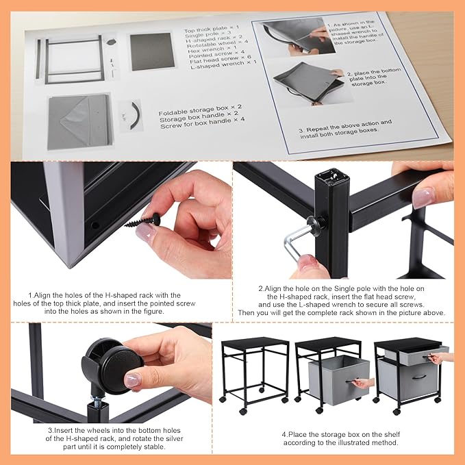 Rolling Mobile File Cabinet Cart with 2 Fabric Drawers A4 Letter Size Beside, Vertical Filing Cabinet on Lockable Wheels, Mobile Printer Stand Storage Under Desk for Home Office(Black)