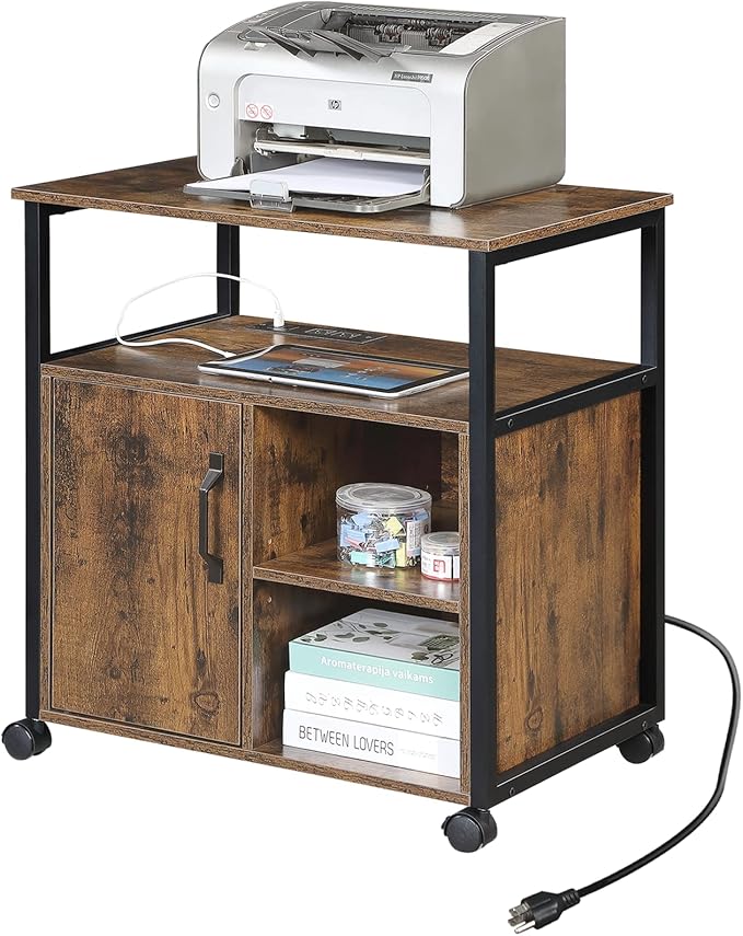 Lateral File Cabinet,Office Filing Cabinets with Socket and USB Charging Port,Modern Rolling Printer Stand with Storage for A4, Letter Size and File Folders,for Home Office, Rustic Brown