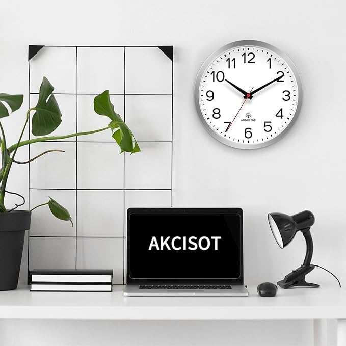 AKCISOT Atomic Wall Clock 12 Inch Clocks for Kitchen, Battery Operated Clock for Bedroom Office Classroom Living Room(Silver)