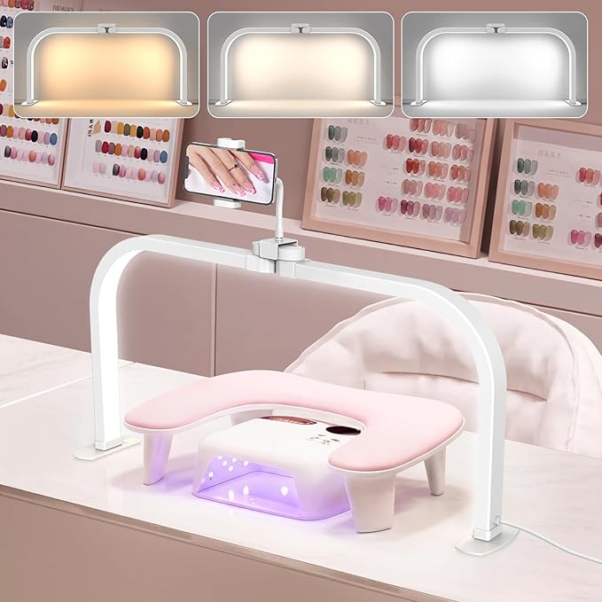 LIONVISON Half Moon Light for Nail Desk: 29" Larger Arch Nail Light for Nail Tech - Foldable Half Moon Nails Desk Lamp with Phone Holder for Home Salon - 3 Color Modes & 10 Brightness for Beginner