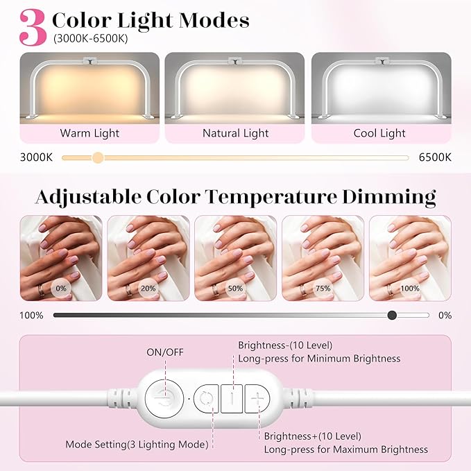 LIONVISON Half Moon Light for Nail Desk: 29" Larger Arch Nail Light for Nail Tech - Foldable Half Moon Nails Desk Lamp with Phone Holder for Home Salon - 3 Color Modes & 10 Brightness for Beginner