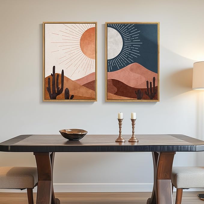Framed Boho Desert Landscape Wall Art Set of 2 for Living Room, Abstract Mid Century Modern Sun and Moon Canvas Artwork for Walls, Bohemian Painting Print Wall Decor for Bedroom Home Office, 16x24 In