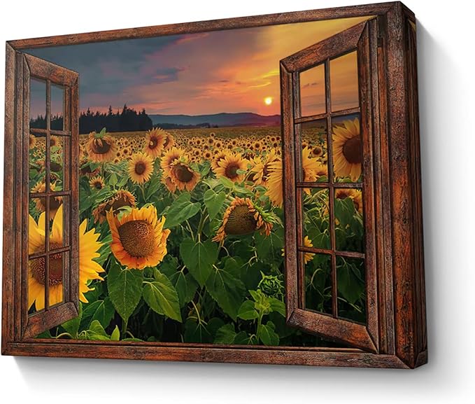 Parylore Sunflower Wall Art Canvas Print Wall Decor Sunflower Field Sunset Landscape On Wood Window Painting Framed Modern Artwork for Living Room Bedroom Bathroom Office Home Decor 12x16 In