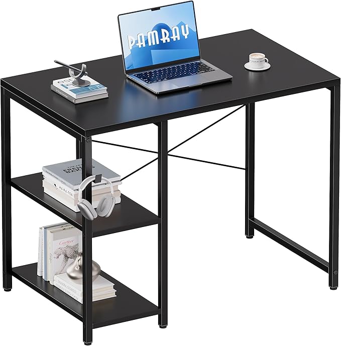 Pamray 32 Inch Small Computer Desk with Shelves, Home Office Desk with Headphone Hook for Bedroom, Study Writing PC Table for Small Spaces, Black
