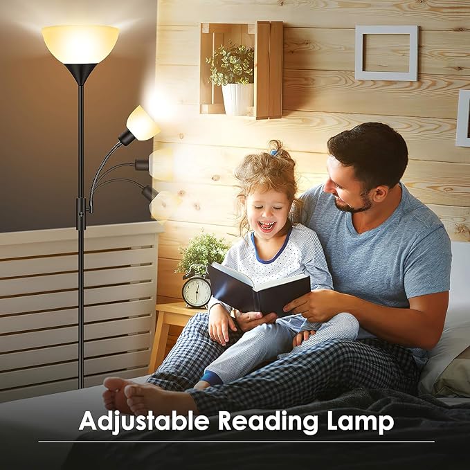 Floor Lamp, Torchiere Floor Lamps for Living Room, 71 Inch Tall Standing Lamp, Bedroom Lamps with Reading Light, Rotary Switch, 2 Plastic Lampshade, Torch Floor lamps for Bedroom (Black, No Bulb)