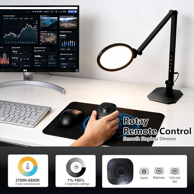 NS LED Desk Lamp for Home Office, LED Desk Light for Video Calls, Adjustable 3000K-6500K Office Lamp with Remote Control, Timer, Memory, CRI95+, Dimmable Desktop Lamp