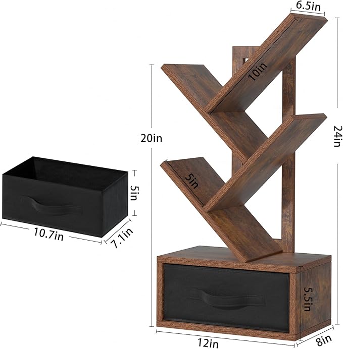 Small Bookshelf with Drawer,4 Tier Tree Book Shelf,Wood Desk Bookshelves,Modern Free Standing Desktop Display Shelves,Brown Floor Standing Organizer Bookcase for Living Room,Bedroom,Office