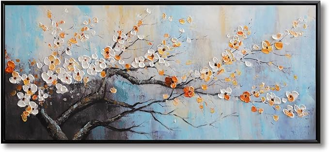 Hand-Painted Plum Blossom Wall Art for Living Room, Large 3D Texture Floral Canvas Oil Painting for Bedroom, Modern Black Framed Artwork for Above Sofa Office Kitchen Ready to Hang 24x56 Inches