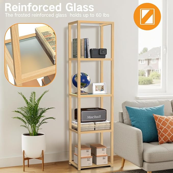 OUTON 67" Glass Display Shelf with Dimmable LED Floor Lamp, Collectibles Display Cabinet with Remote & App Control, 5 Tier Open Bookshelf Lamp for Living Room, Bedroom, Office, Home Decor, Wood